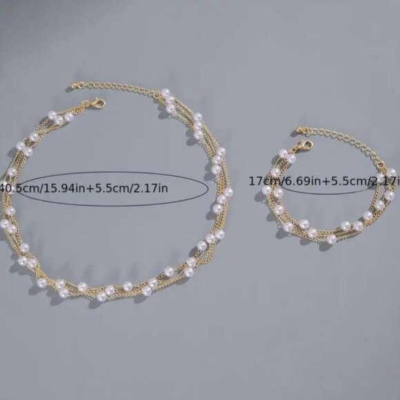 Elegant French Style 2-Piece, Multilayer Pearl Necklace and Bracelet Combo - Picture 4 of 4